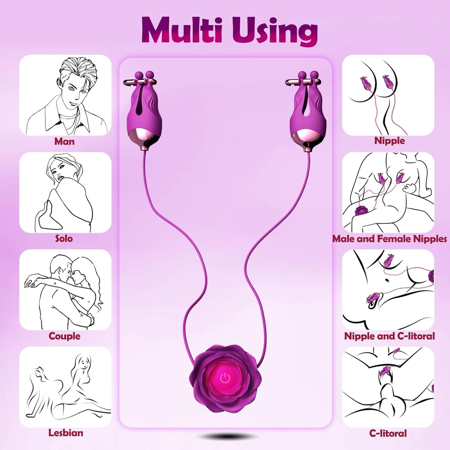 Nipple Vibrator with Adjustable 10 Modes - Rechargeable Clamps for Women & Couples - BDSM Adult Toy