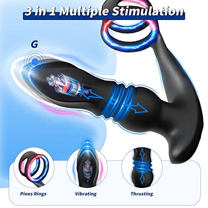 Vibrating Prostate Massager Thrusting Anal Vibrator Male Sex Toys with Dual Cock Rings