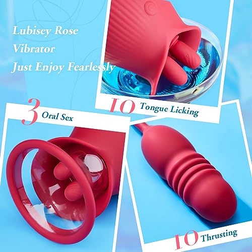 Rose Sextoy with Suction Cup Vibrator Thrusting Dildo and Two Mini Tongues