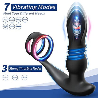 Vibrating Prostate Massager Thrusting Anal Vibrator Male Sex Toys with Dual Cock Rings